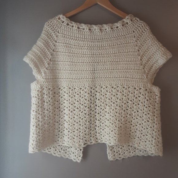 Vintage Handmade Cream Crochet Vest Shawl Sweater - Picture 8 of 10